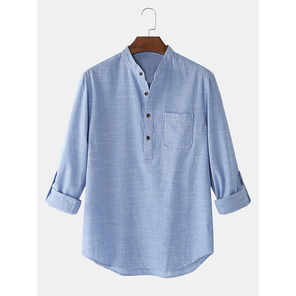 Cotton Mens Solid Color Stand Collar Breathable Long Sleeve Henley Shirts - White L