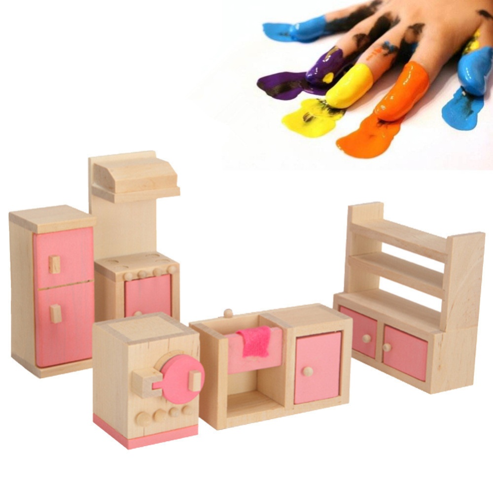 Furniture Toys Set Wooden Dollhouse Miniature for Kids Pretend Play Rooms kitchen