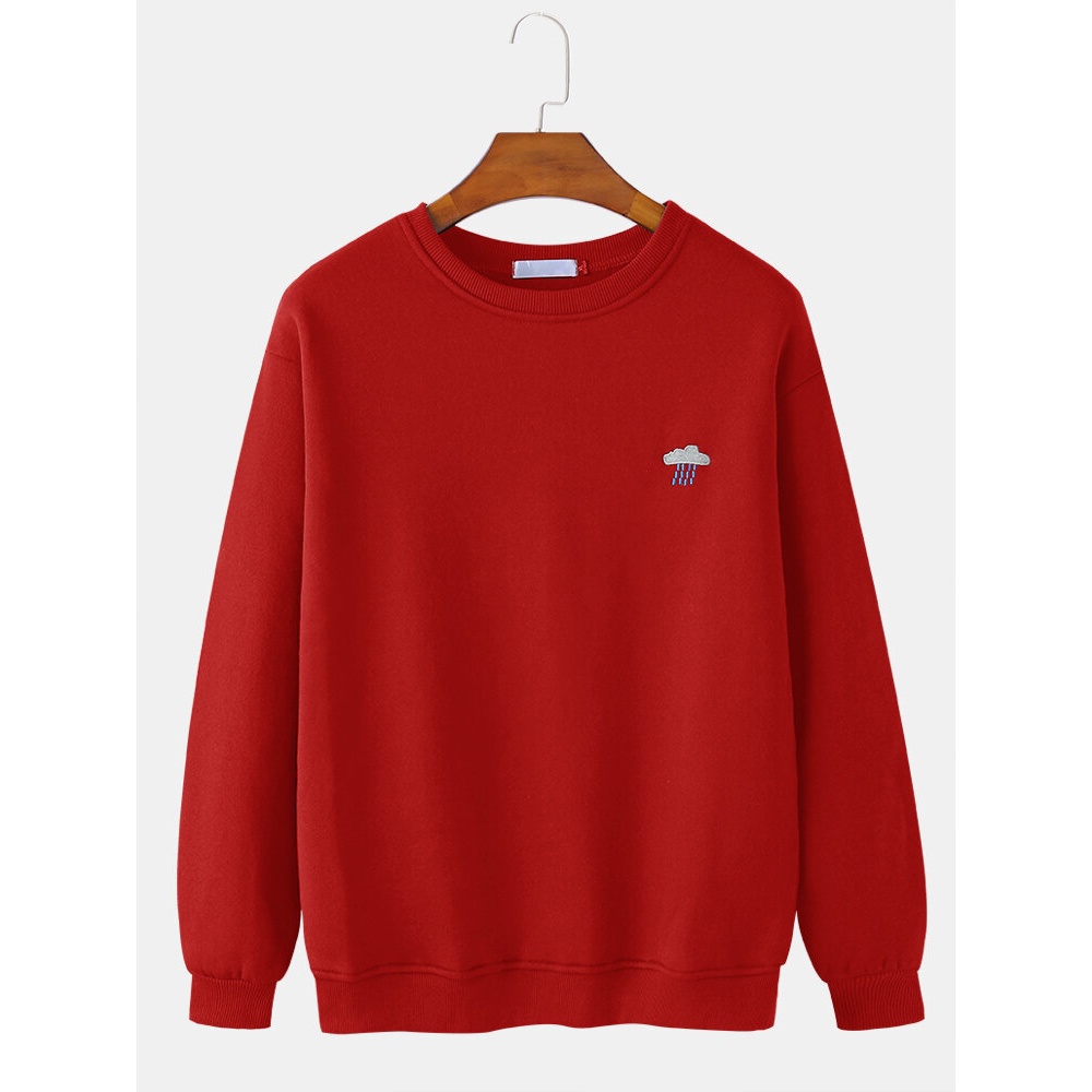 Mens Cotton Raining Symbol Embroidery Pullover Simple Long Sleeve Sweatshirts - White S