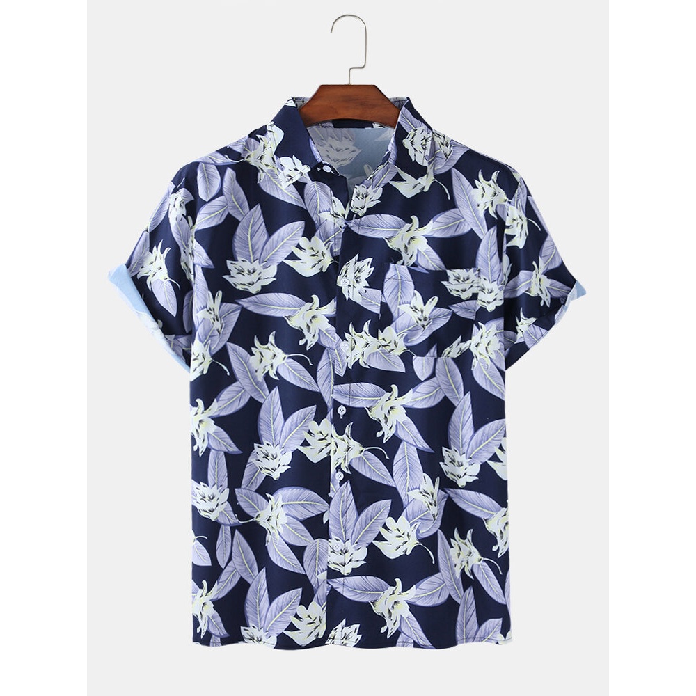 Mens Tropical Leaves Print Button Up Hawaii Casual Short Sleeve Shirs - Navy L