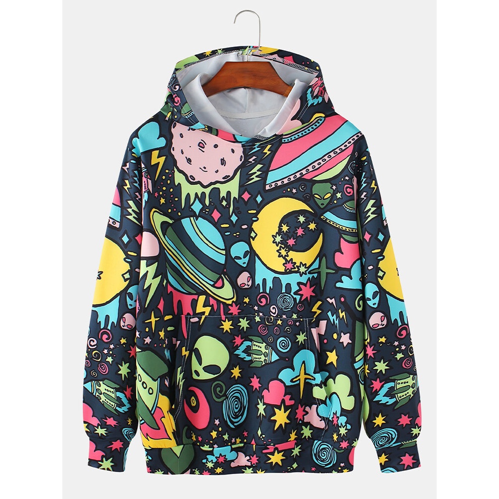 Mens Cartoon Galaxy Print Kangaroo Pocket Long Sleeve Hoodies - Black L