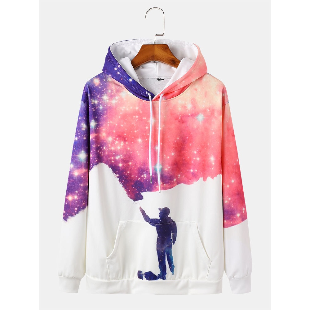 Mens Starry Sky Figure Print Casual Drawstring Pullover Hoodies - White M