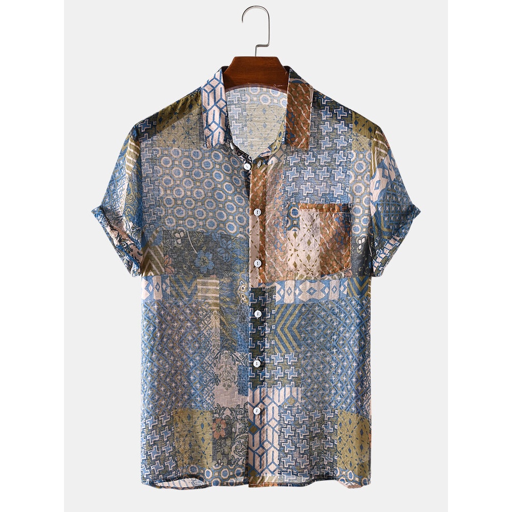 Mens Vintage Plaid Floral Pocket Breathable Short Sleeve Casual Shirts - Green M