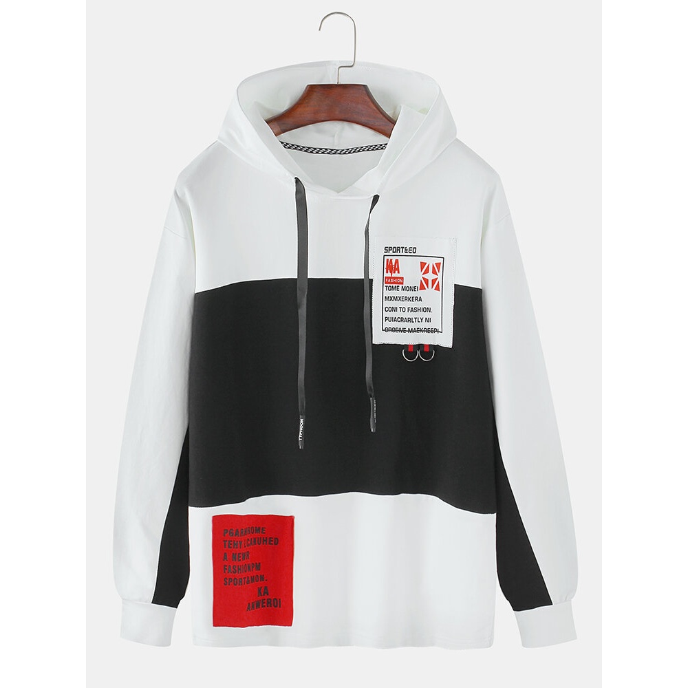 Mens Cotton Color Block Patchwork Texting Print Casual Drawstring Hoodies - White XL