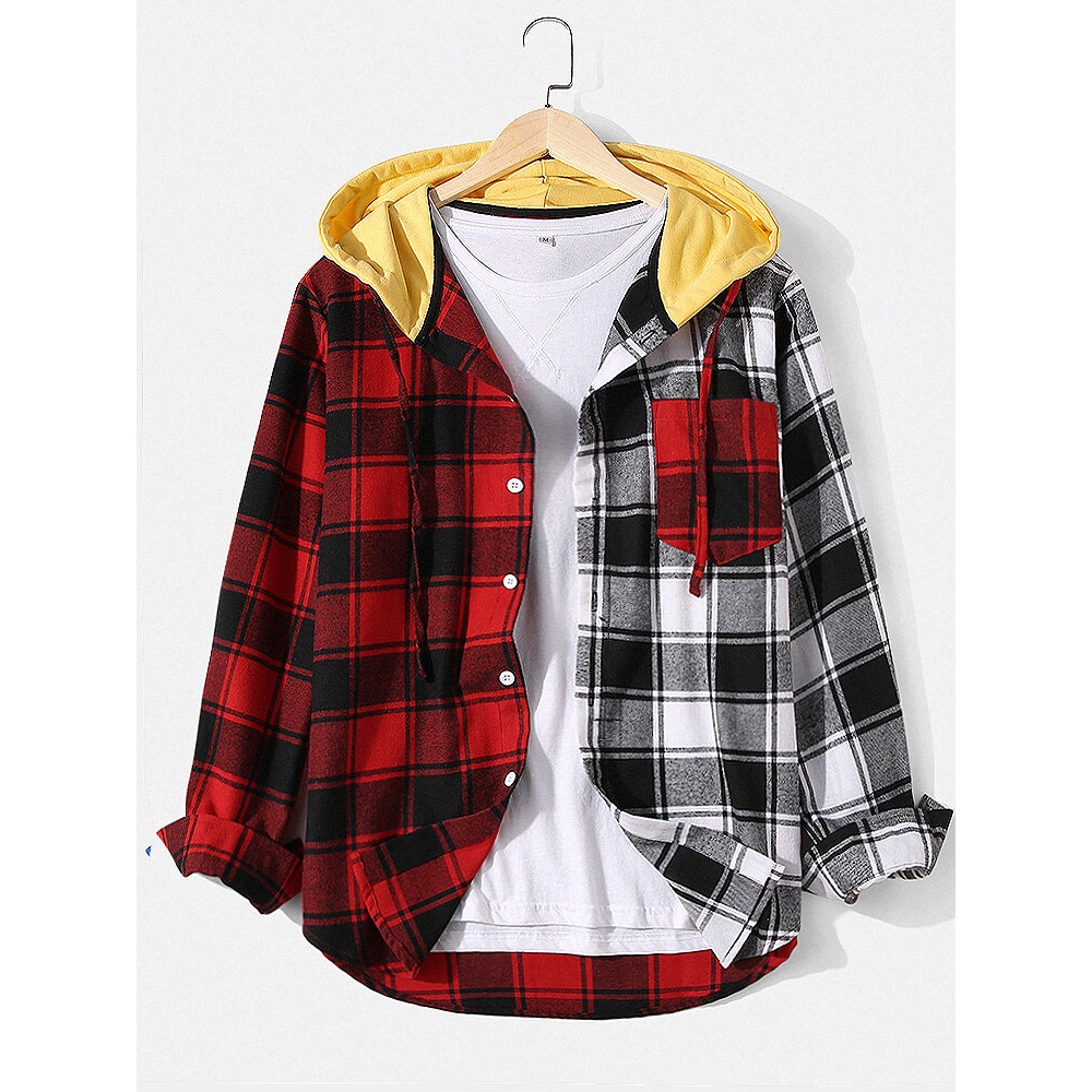 Mens Plaid Patchwork Long Sleeve Chest Pocket Drawstring Hooded Shirts - S Green