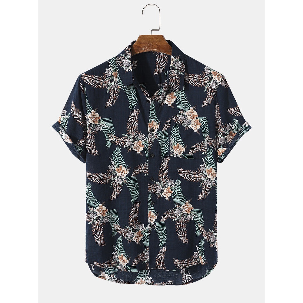 Mens Holiday Leave Pattern Short Sleeve Casual Shirts - Navy S