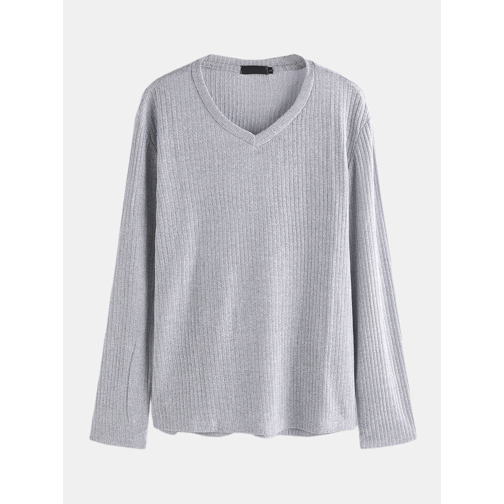 Mens Fashion V Neck Solid Color Long Sleeve Casual Tops - XL White