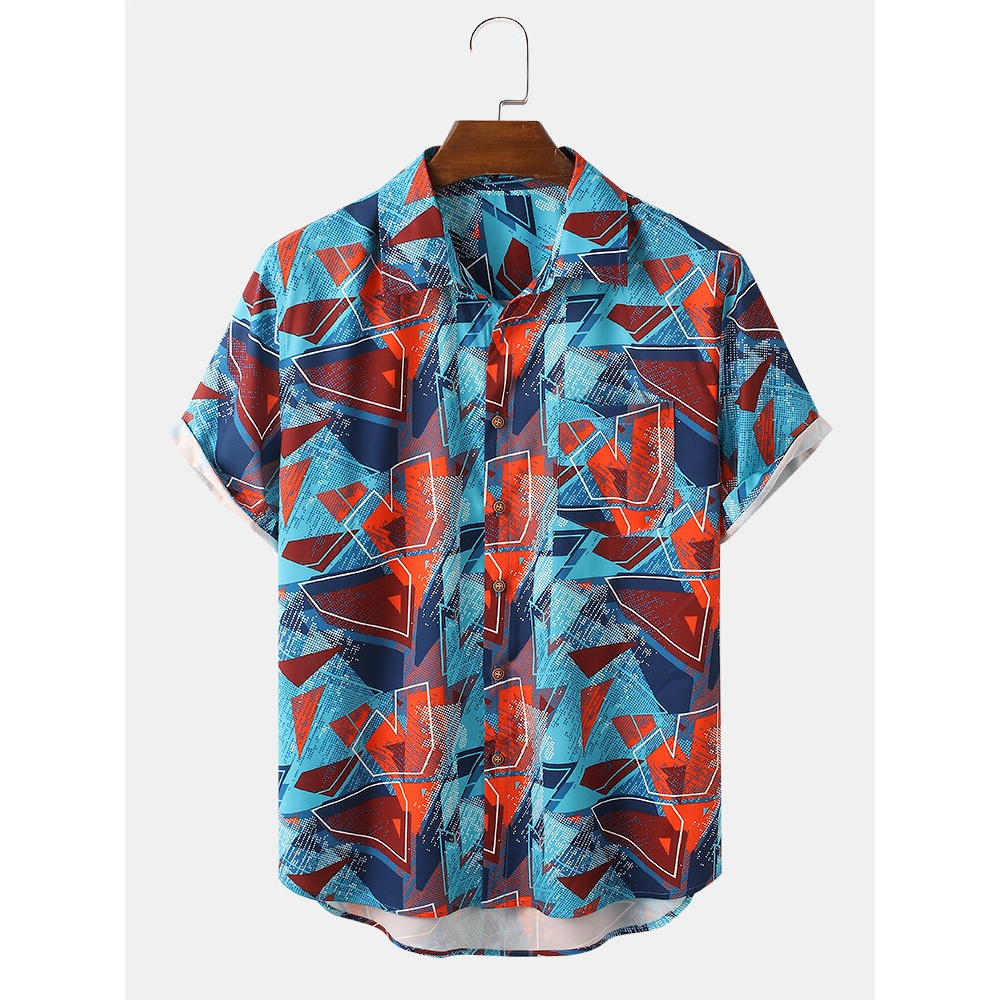 Mens Color Block Contrast Lapel Short Sleeve Shirt - Lake Blue S