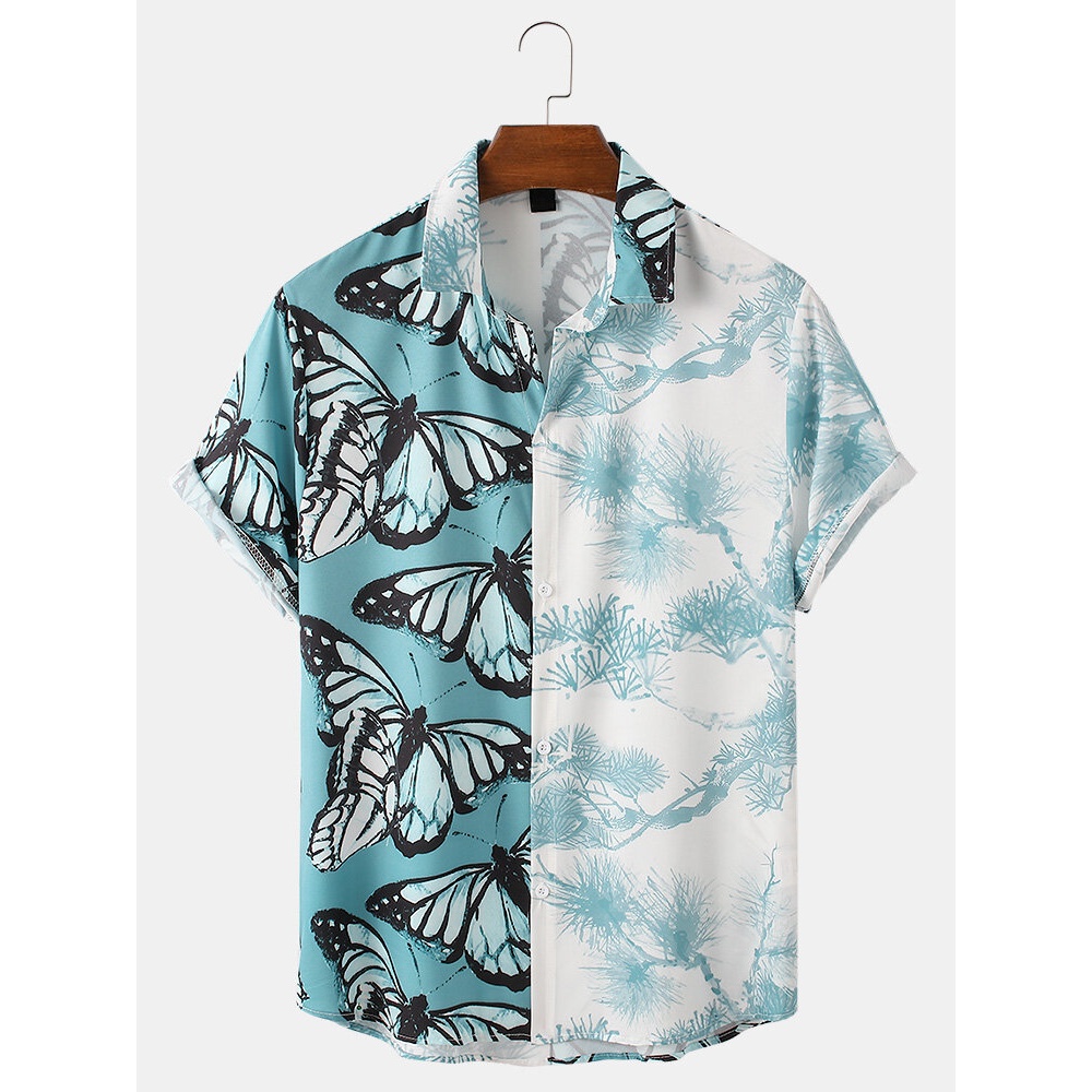 Mens Butterfly Print Patchwork Plant Print Lapel Short Sleeve Shirts - Blue L