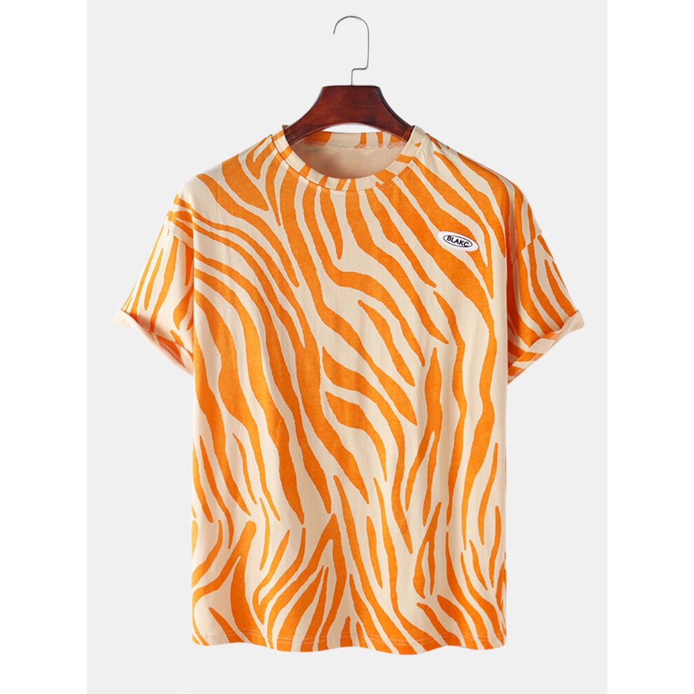 Cotton Animal Zebra Print Round Neck Short Sleeve T-Shirts - Black M