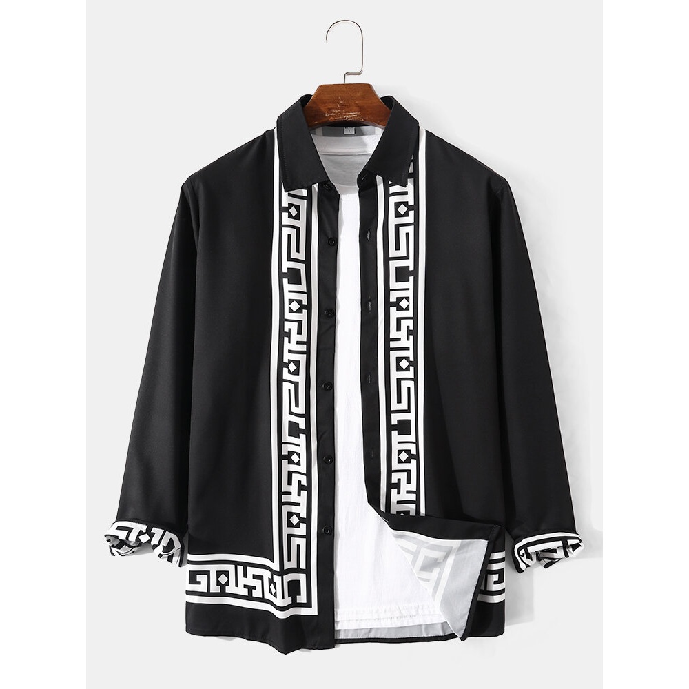Men Baroque Ethnic Lapel Collar Button Up Casual Long Sleeve Shirts - Black XL