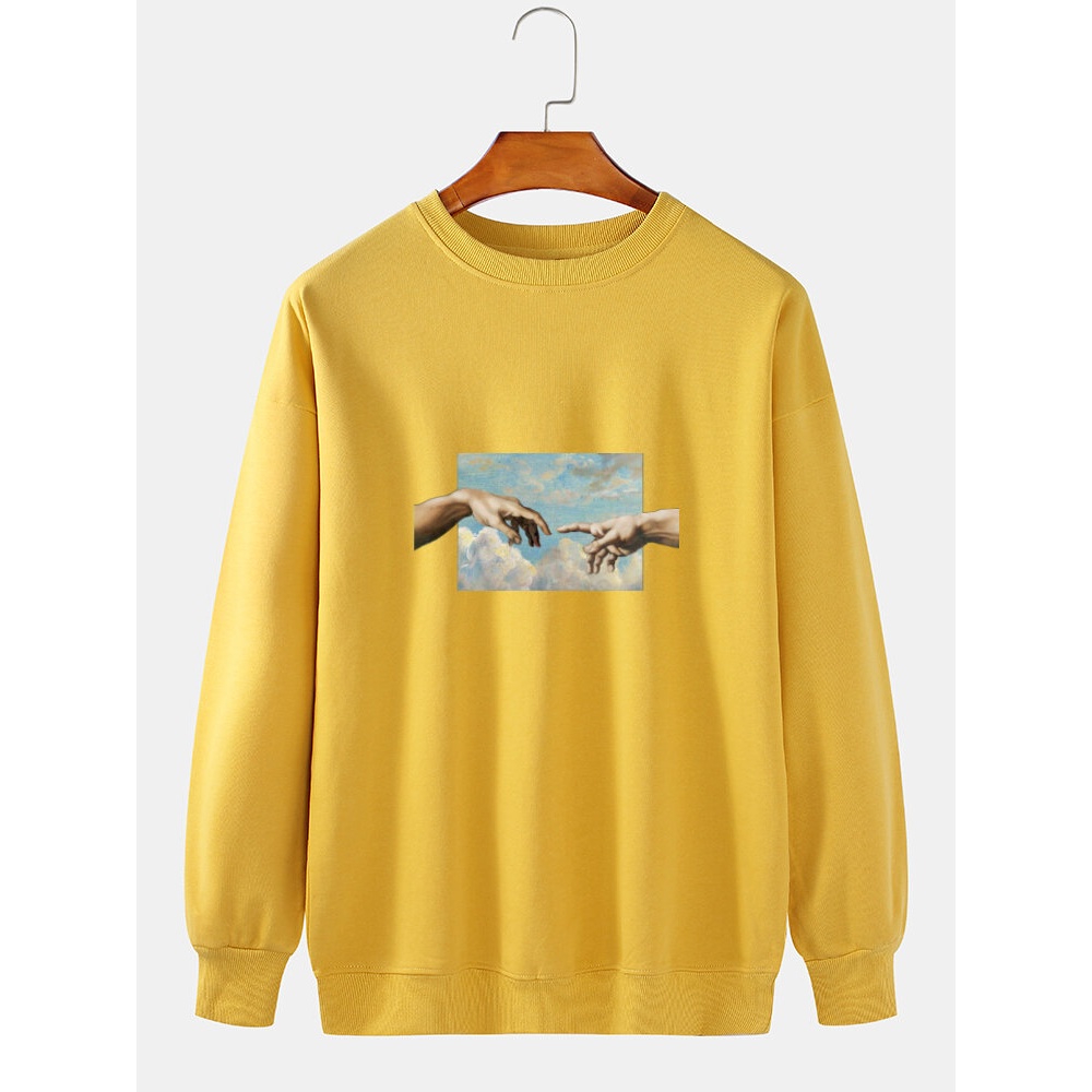 Mens 100% Cotton Gesture Graphics Pullover Long Sleeve Sweatshirts - White S