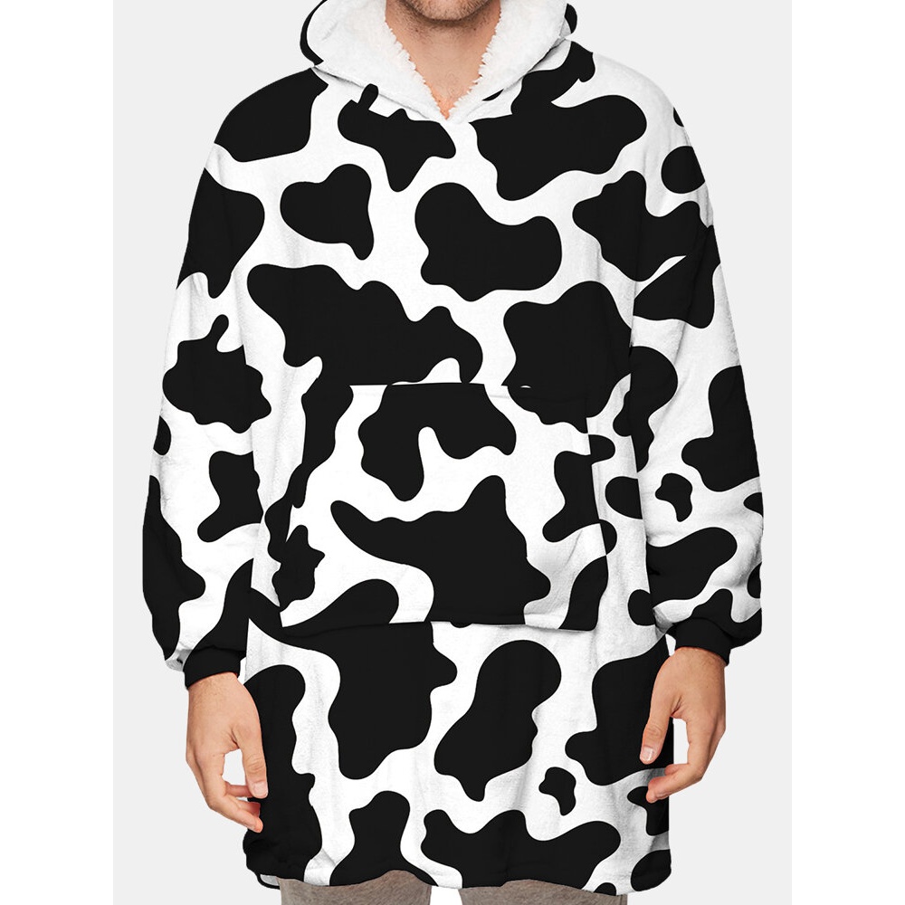 Mens Cow Pattern Print Flannel Two-Sided Oversized Blanket Hoodie With Pouch Pocket - White One Size