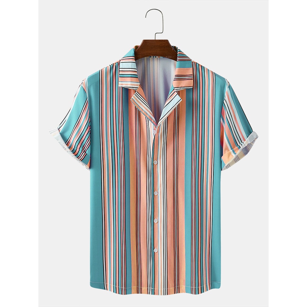 Mens Striped Revere Collar Short Sleeve Shirts - Pink S