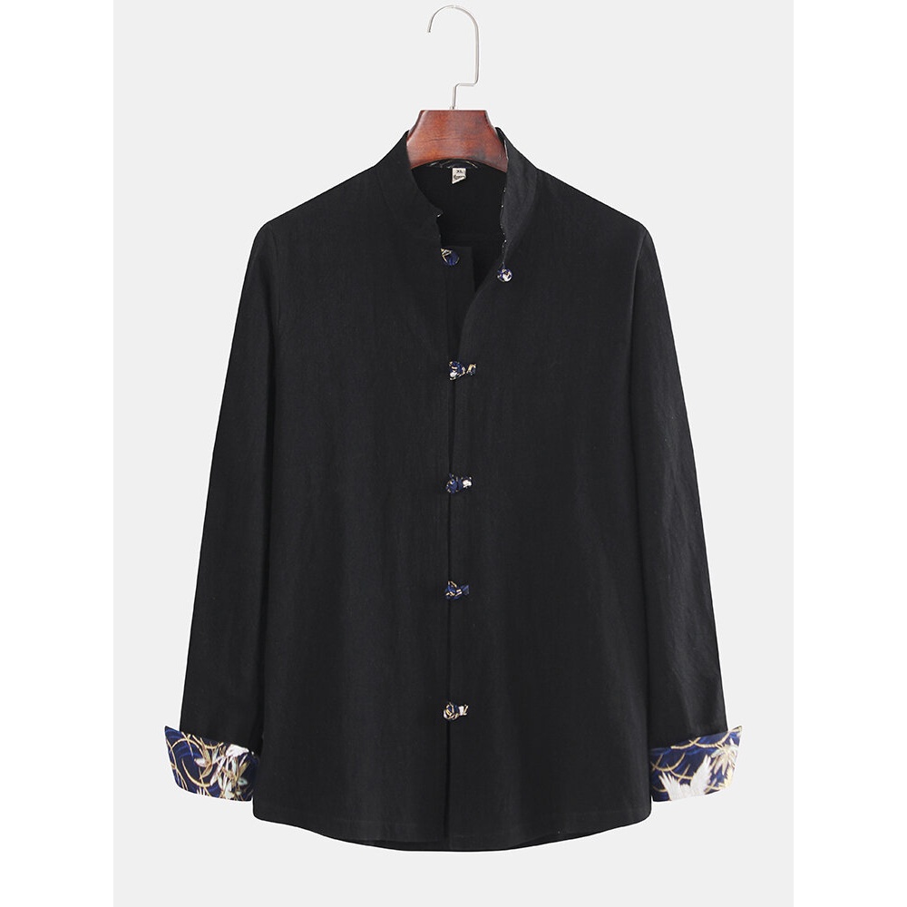 Men's New Chinese Style Large Size Disc Buckle Long Sleeve Loose Retro Hanfu Shirts - M Black