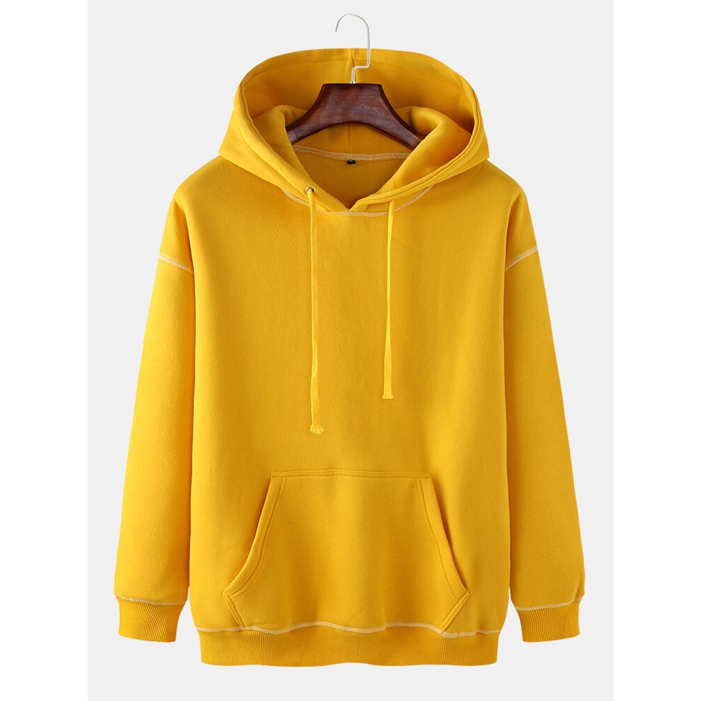 Mens Solid Color Drop Shoulder Kangaroo Pocket Simple Cotton Drawstring Hoodies - Yellow M