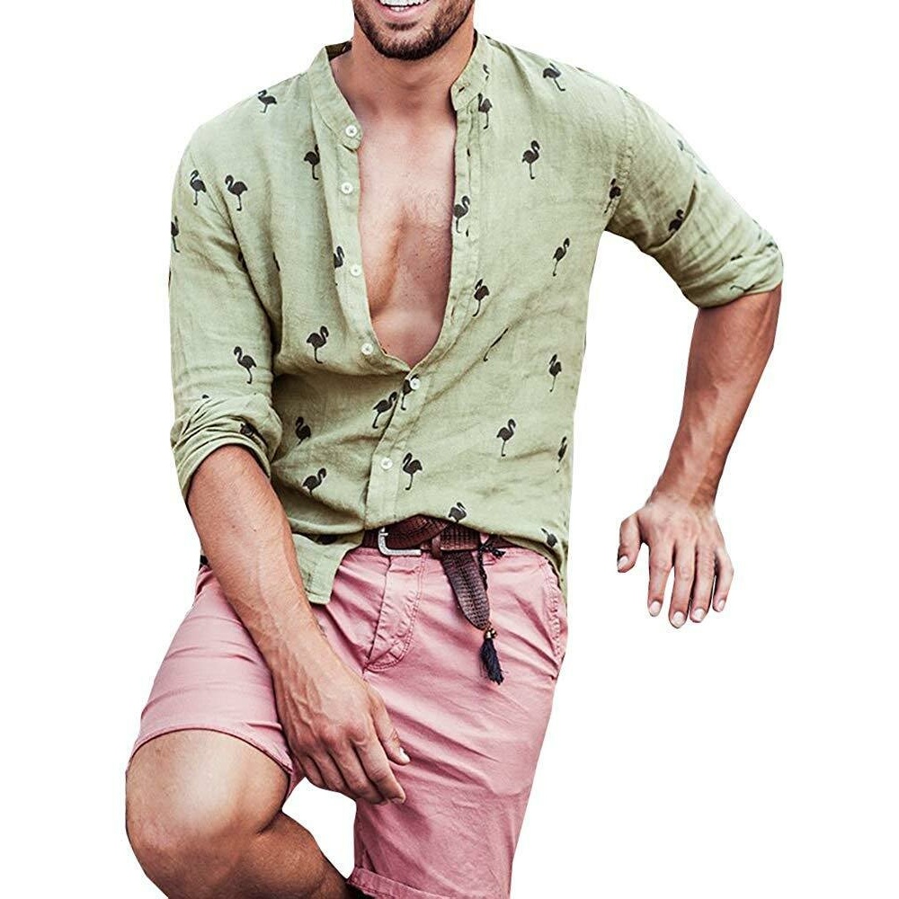 Funny Flamingo Printing Long Sleeve Shirts - M Green