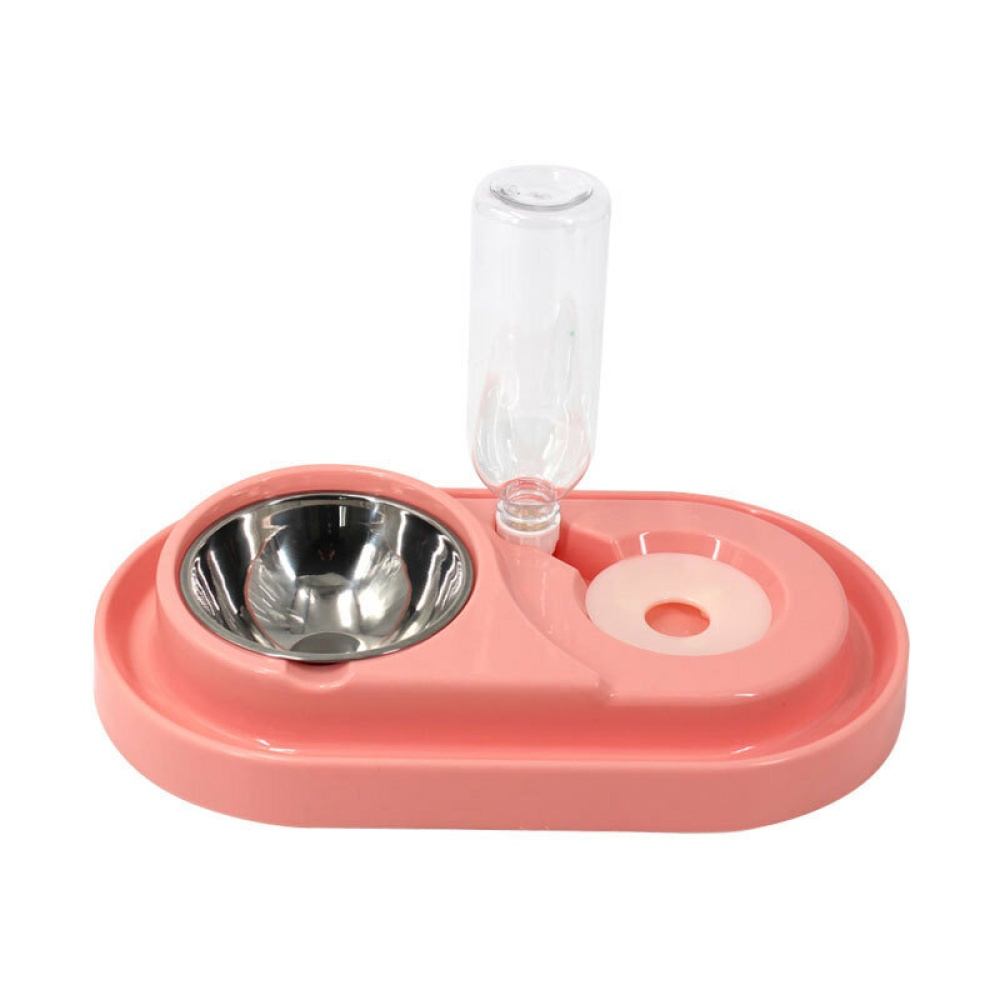 Pet Bowl Automatic Feeder Double Bowl Pet Water Dispenser Multifunctional Pet Feeder with Water Bottle - Pink - Image 2