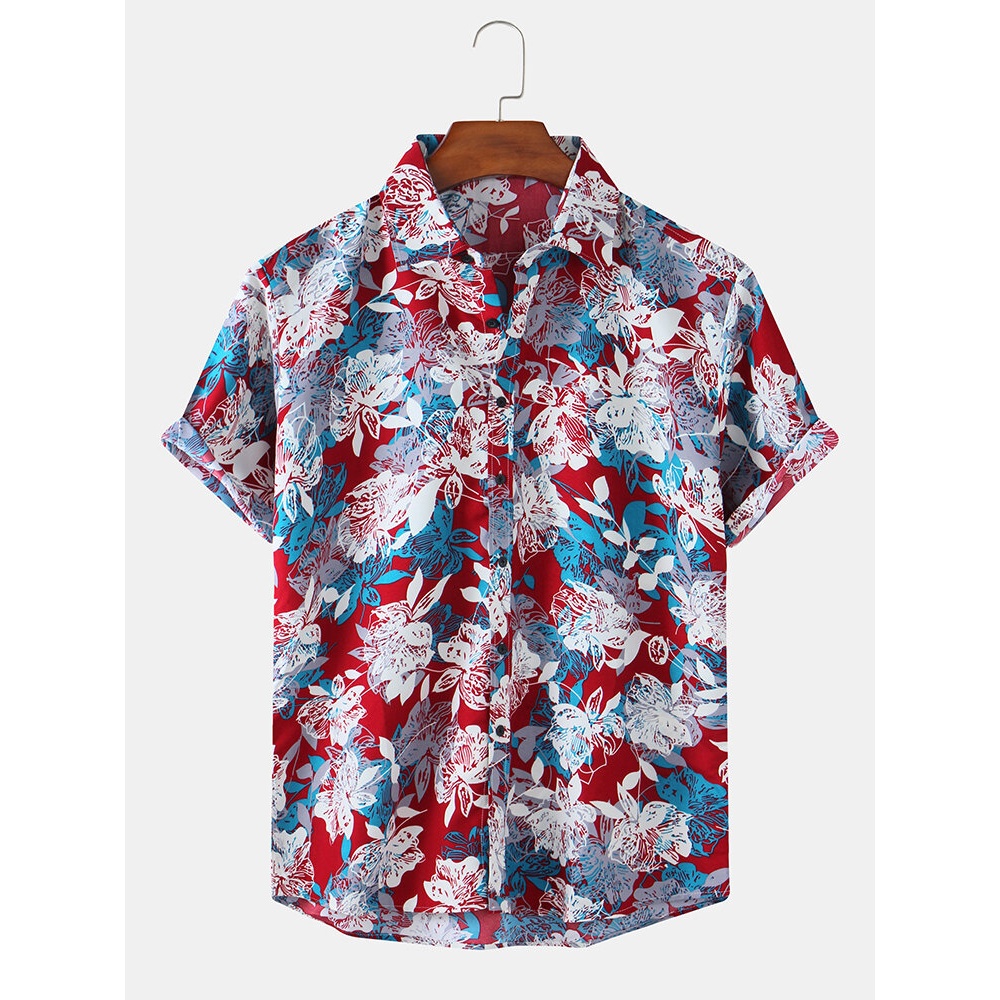 Mens Floral Printed Light Casual Short Sleeve Shirts - Red S
