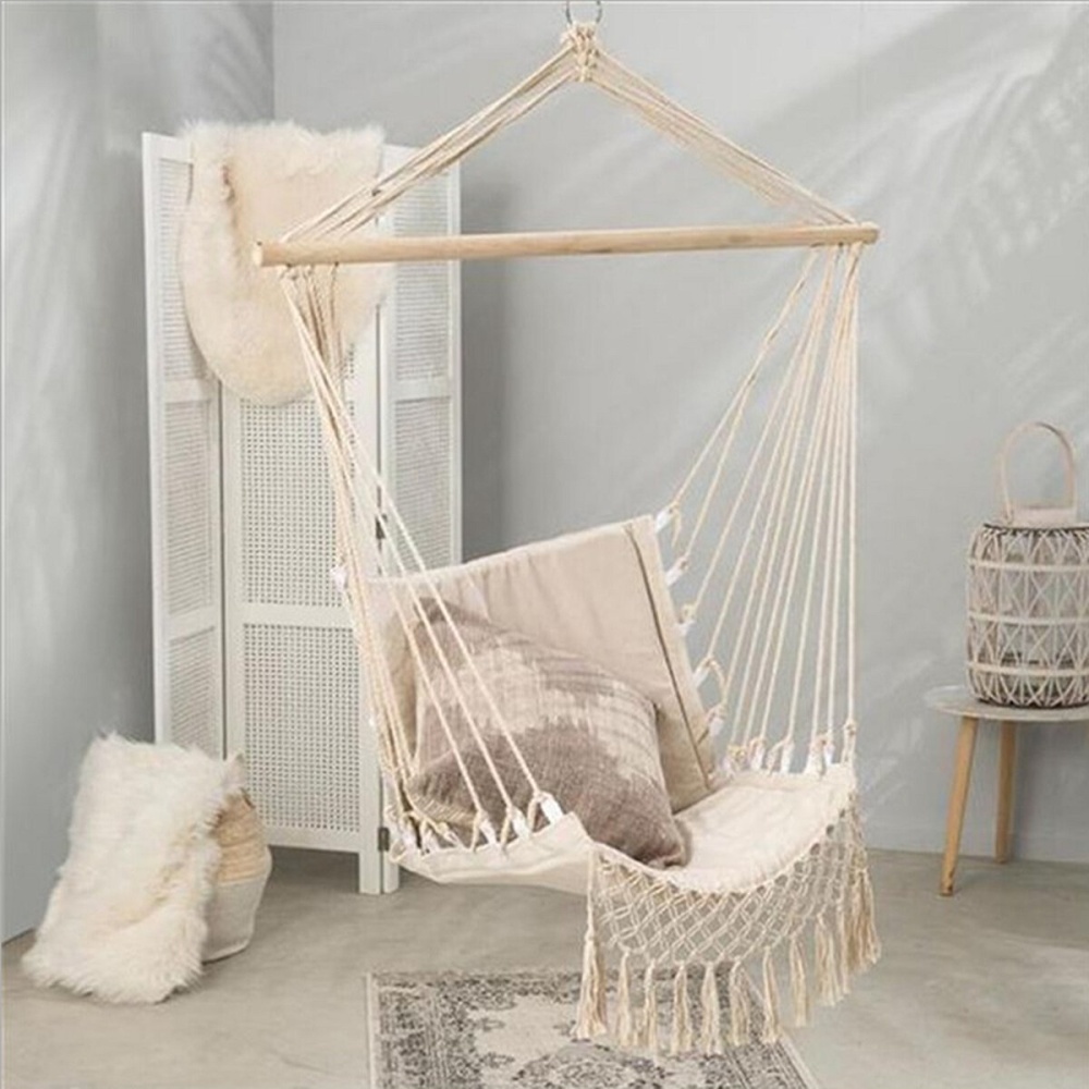 Hammock Cotton Swing Camping Hanging Rope Chair Wooden Beige Tasse Patio - Image 2