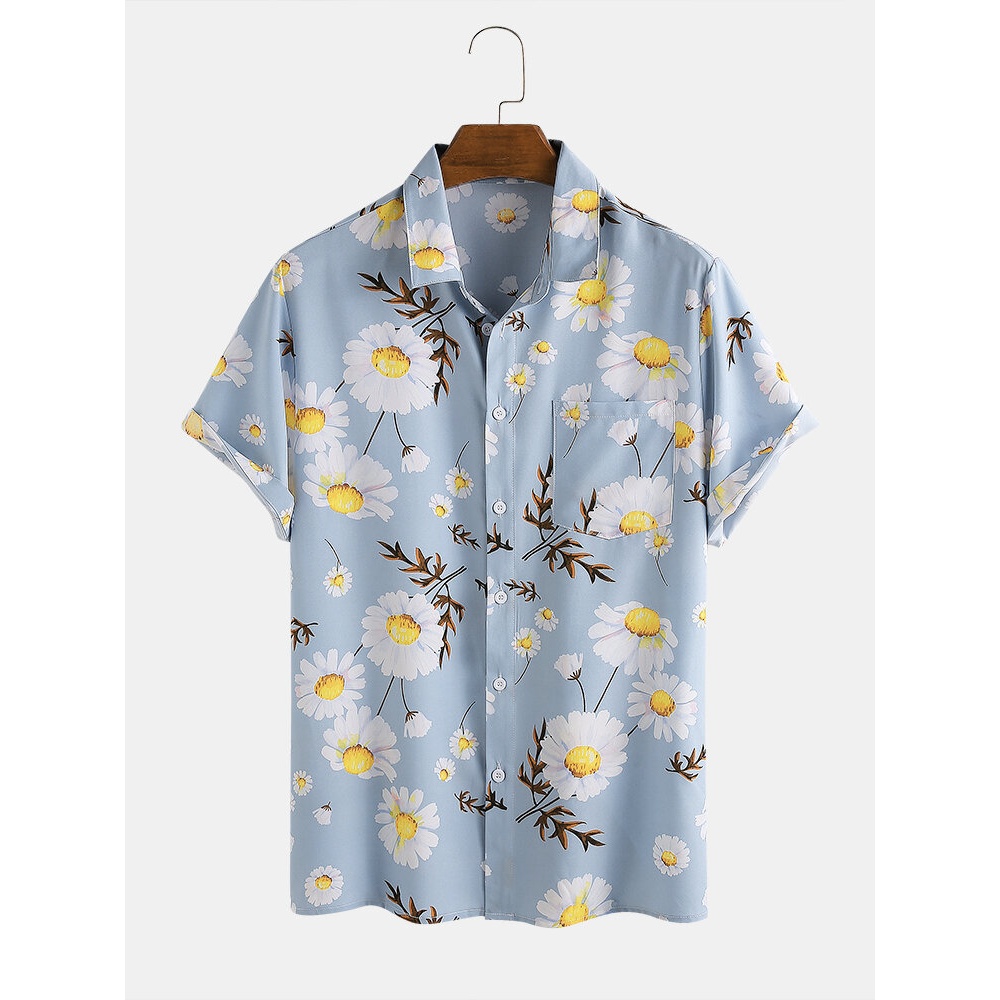 Daisy Floral Printed Turn Down Collar Short Sleeve Hawaii Holiday Shirts For Men Women - Green M