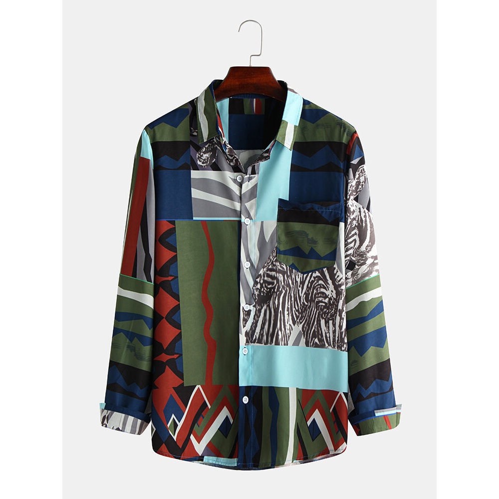 Mens Colorful Bandana Printing Pocket Long Sleeve Casual Shirts - Purple L