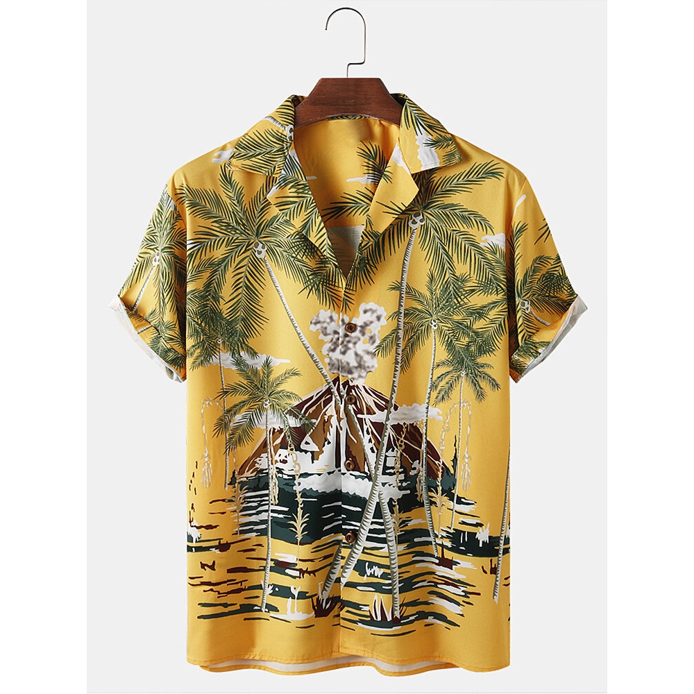 Mens Tropical Plant Print Revere Collar Loose Casual Short Sleeve Shirts - Yellow M