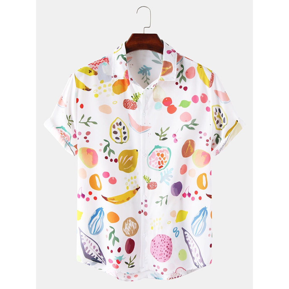 Mens Casual Colorful Fruit Print Lapel Collar Short Sleeve Cute Shirts - White S