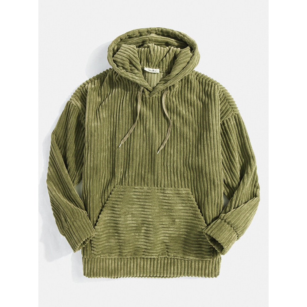 Mens Solid Color Corduroy Kangaroo Pocket Drop Shoulder Hoodies