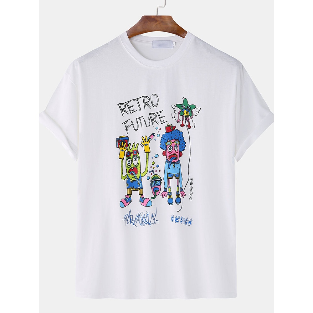 Men Fashion Casual Cartoon Printing Crew Neck Shirts - S Blue