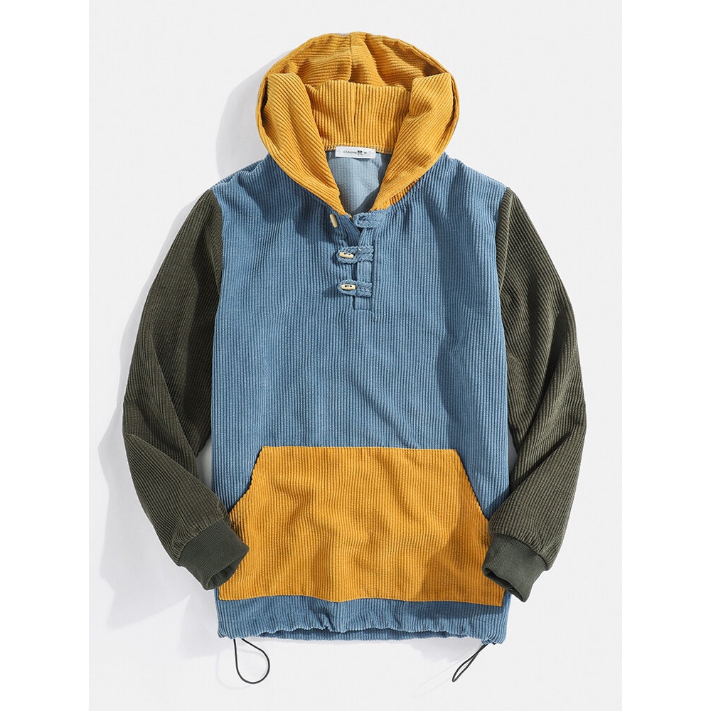 Mens Corduroy Patchwork Button Designer Hoodie With Kangaroo Pocket - S Blue