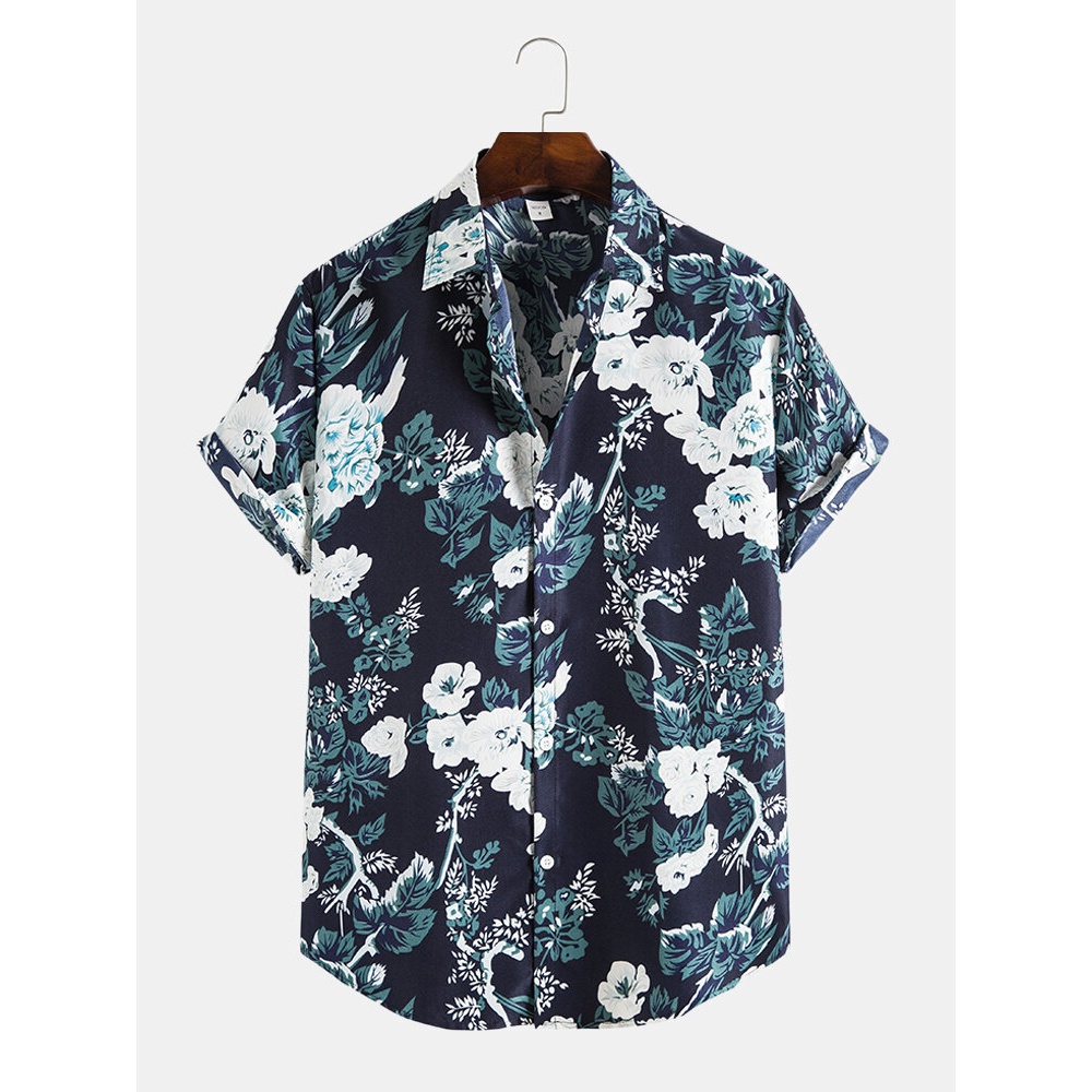 Mens Holiday Plant Floral Print Button Up Short Sleeve Shirt - Blue M