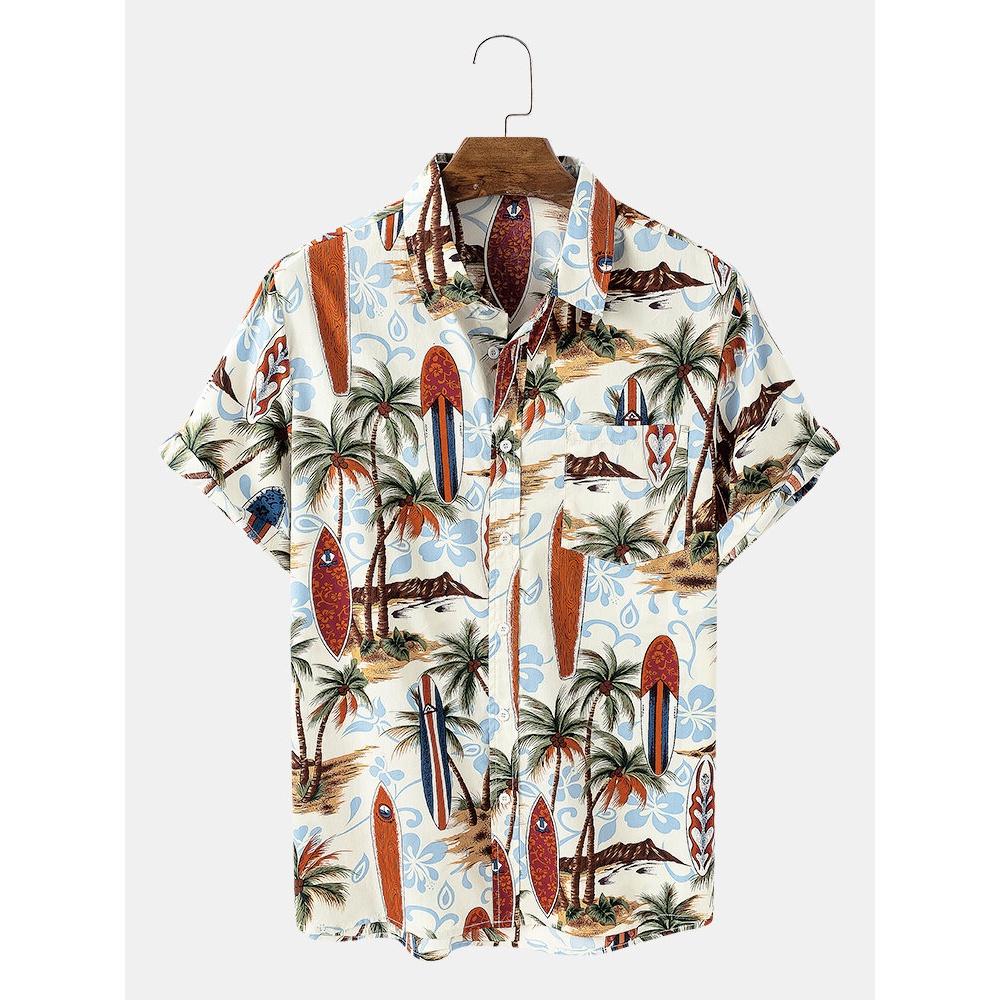 Mens 100% Cotton Hawaii Print Turn Down Collar Short Sleeve Shirts - White M