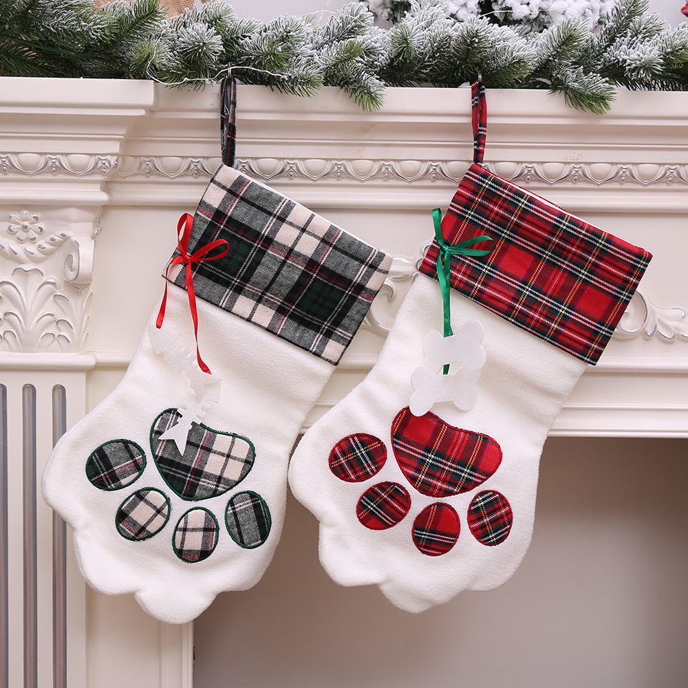 Socks Red Blue Plaid Dogs Paw Stockings Sacks Hanging New Year Kids Gifts  Party Decorations - Green - Image 2