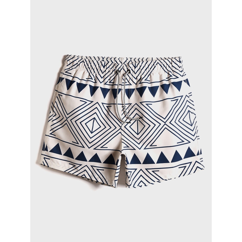 Mens Tribal Pattern Print Drawstring Waist Loose Thin Holiday Beach Board Shorts - White S