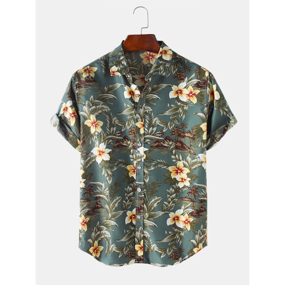 Cotton Mens Plant Print Lapel Collar Holiday Casual Short Sleeve Shirts - Sky Blue 2XL