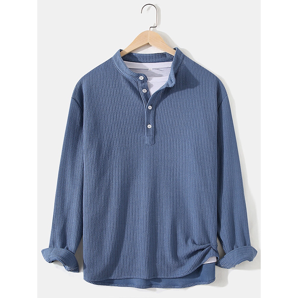 Mens Knitting Jacquard Solid Texture Long Sleeve Henley Shirts - Blue S