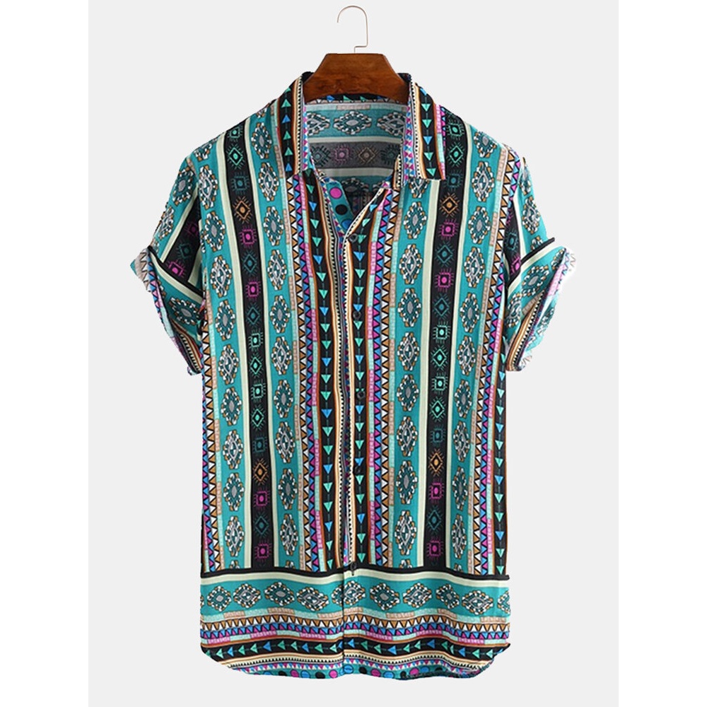Mens Ethnic Style Pattern Printed Summer Loose Casual Shirts - 2XL Blue