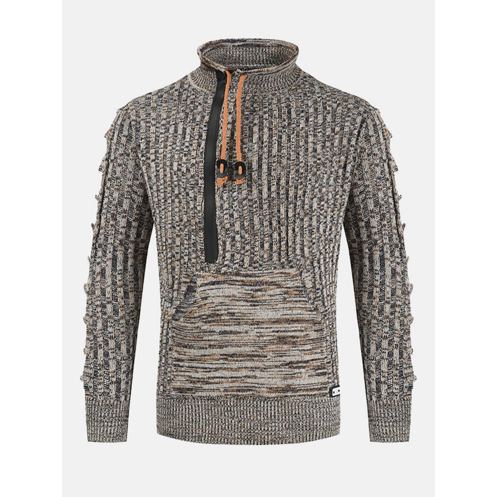 Men Cotton Vintage Knit Cable Zipper Pullover Drawstring Kangaroo Pocket Sweaters - Camel L