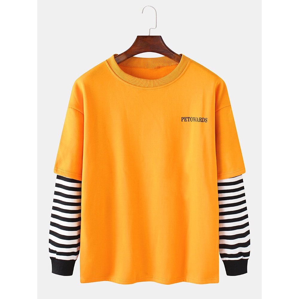 Mens Letter Patchwork Striped Drop Shoulder Pullover Casual Sweatshirts - L White