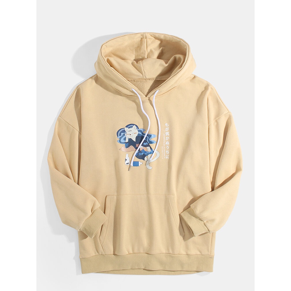 Mens Cartoon Cat Print Drop Shoulder Ethnic Style Hoodies With Pocket - L Black