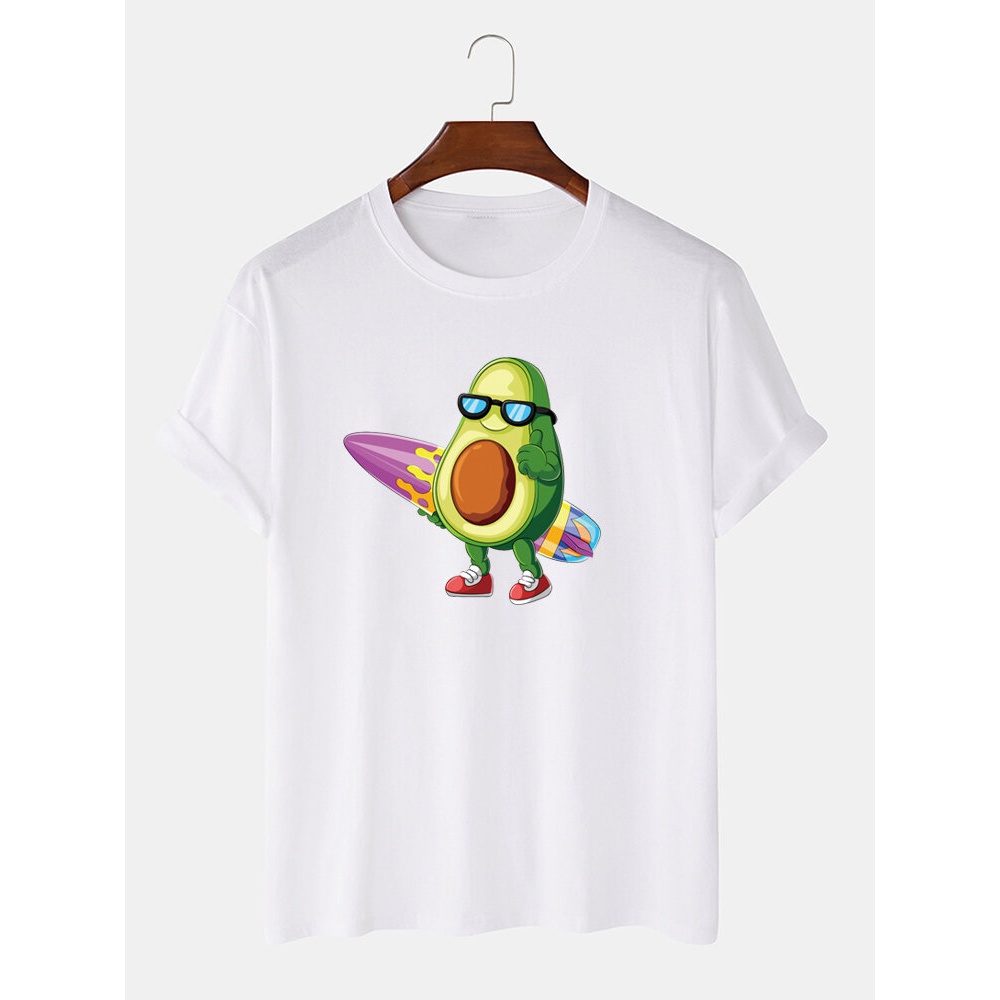 Men 100% Cotton Fun Surfing Avocado Printed Breathable Short Sleeve T-Shirts - Black S