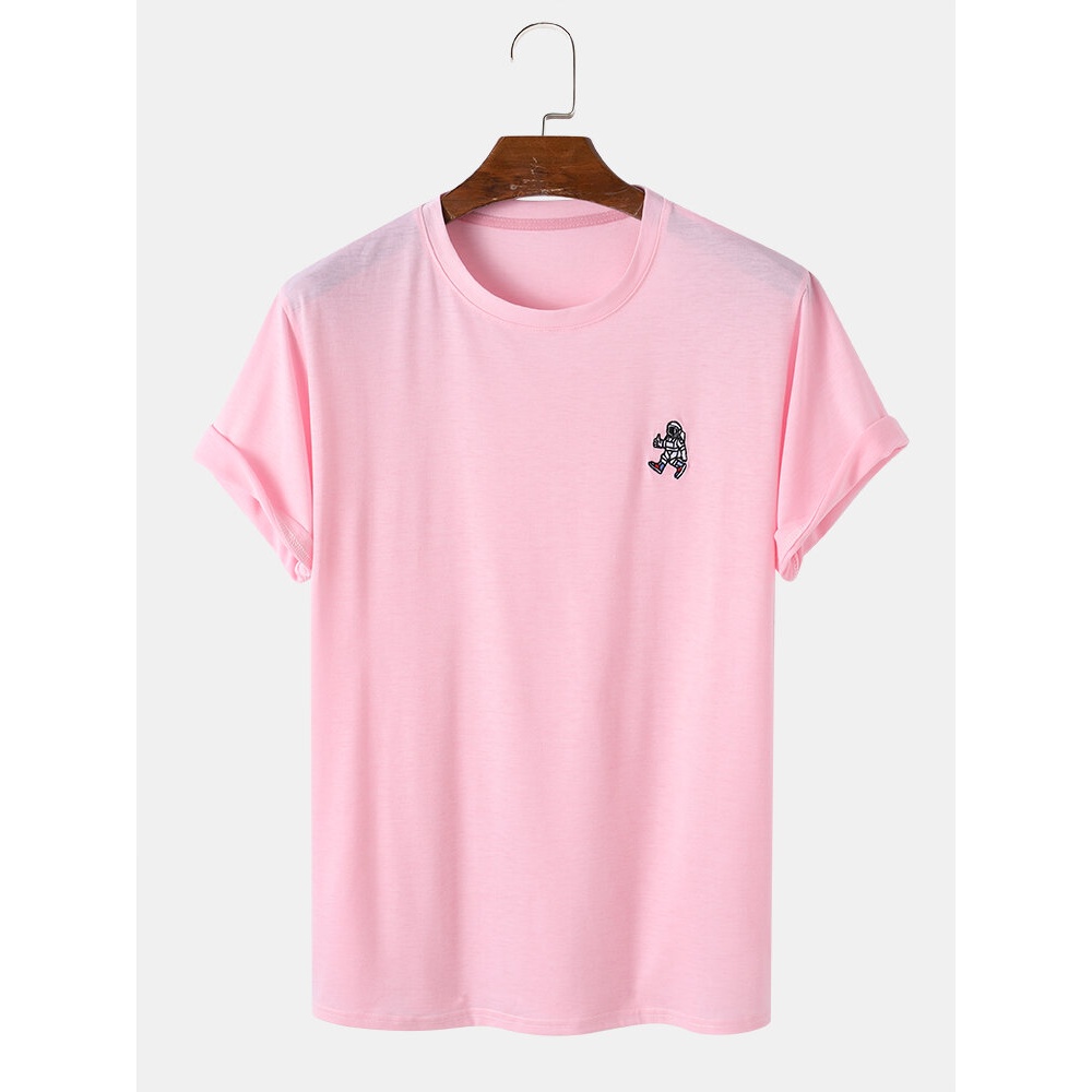 Mens Solid Color Cartoon Astronaut Pattern 100% Cotton T-Shirt - Black S