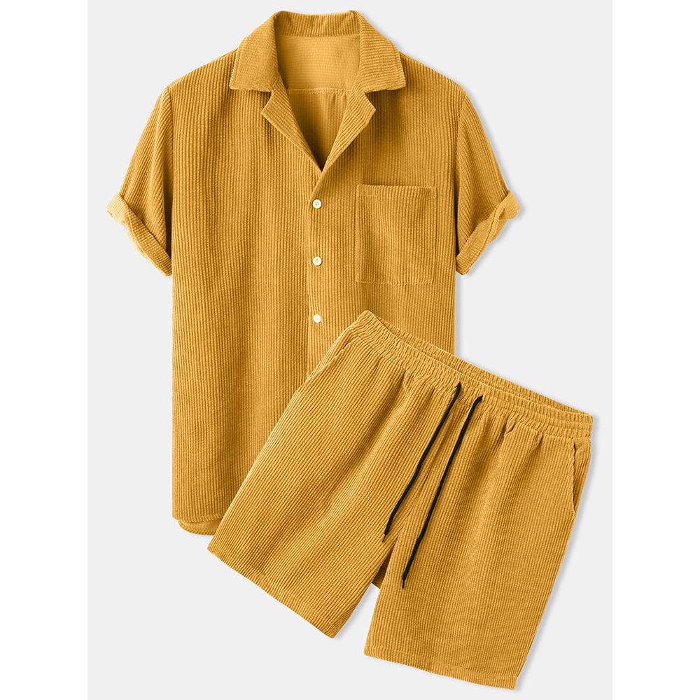 Mens Thin Corduroy Mustard Set Patch Pocket Breathable Short Sleeve Shirt & Shorts - Blue S