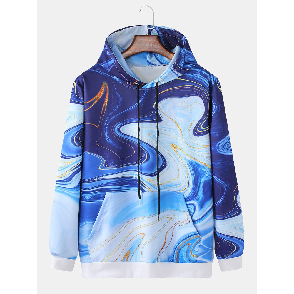 Mens Design Gradient Print Kangaroo Pocket Long Sleeve Drawstring Hoodies - M Blue