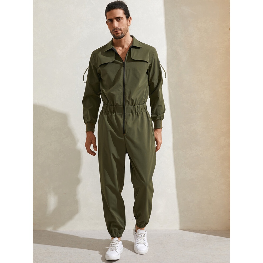 Mens Zipper Up Lapel Collar Leisure Jumpsuit - Army Green S
