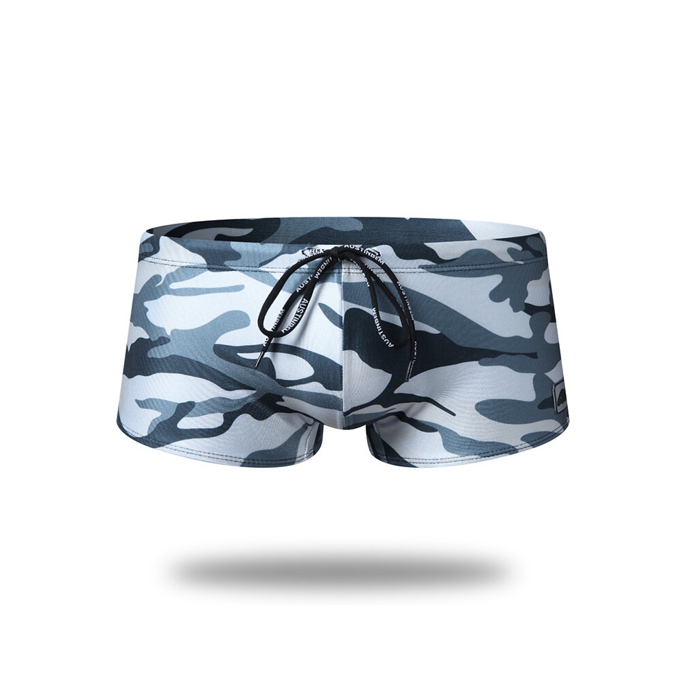 Men Camo Swimwear Nylon Drawstring Quick Dry Swimming Trunks - S Navy