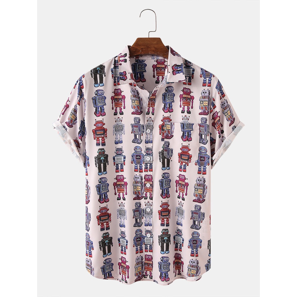 Mens Casual Colorful Robot Cartoon Turn Down Collar Shirts - Apricot M