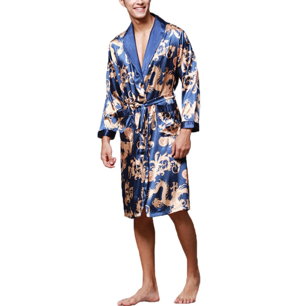 INCERUN Mens Satin Silk Pajamas Kimono Bathrobe Robe Dressing Gown Sleepwear Loungewear - L Black