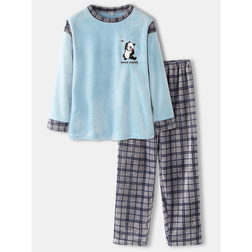 Mens Cute Panda Letter Embroidery Grid Stitching O-Neck Flannel Warm Pajamas Sets - Blue S